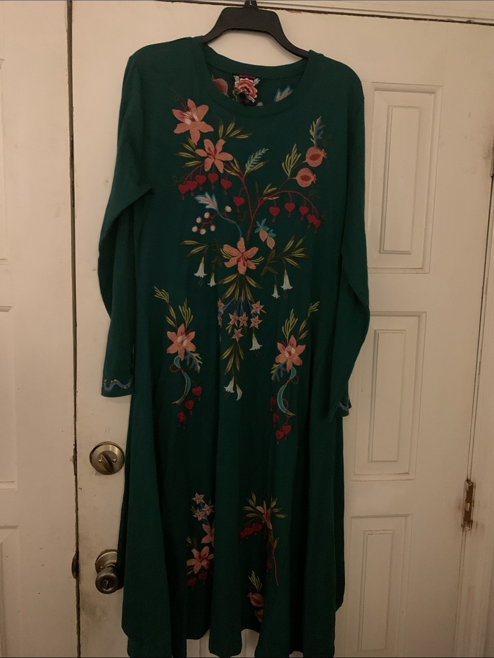 Johnny Was Teal Floral Embroidered Long-Sleeve Dress